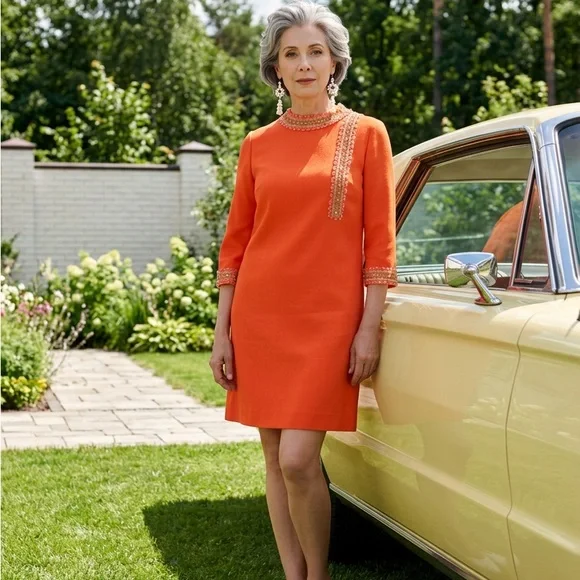 Vintage Chic Orange Midi Dress with Gold & White Embellishment - Picture 5 of 10